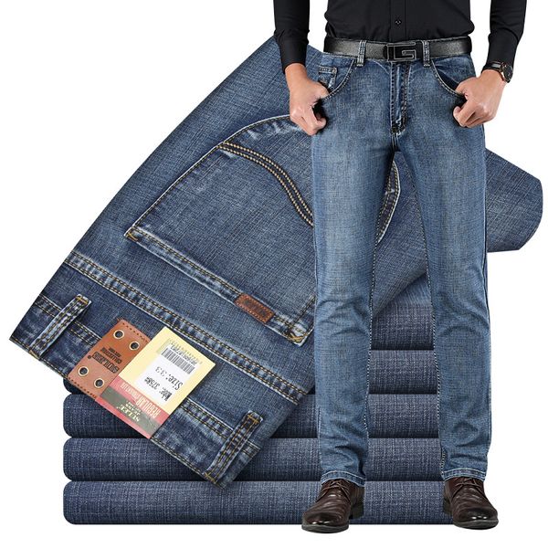 

autumn and summer new plus size jeans thin slim straight-leg stretch business casual long pants middle-aged men's brand trousers, Blue