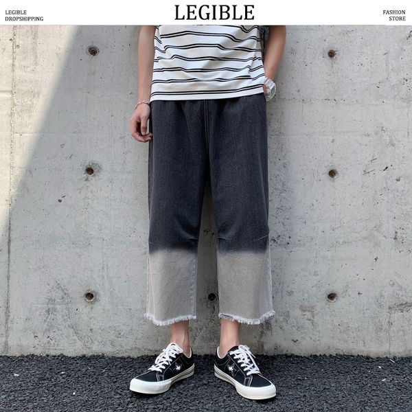 

разборчивыми casual прямые джинсы мужские 2020 лоскутная streetwear мужчины wide leg джинсовые штаны мужской моде джинсы, Blue