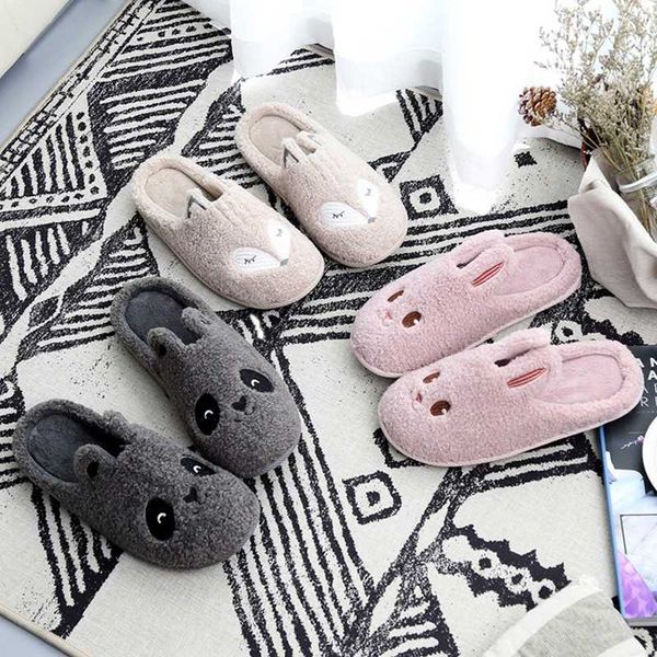 

autumn winter home women fur slippers cute animals indoor cotton ladies shoes flats non-slip furry women slippers, Black