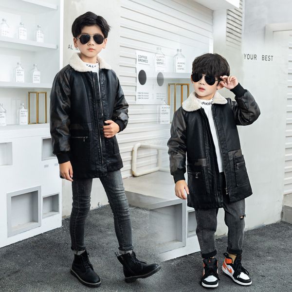 

3-14t boys leather jackets plus velvet warm winter coat 2020 new fashion patchwork locomotive leather jacket overcoat, Blue;gray
