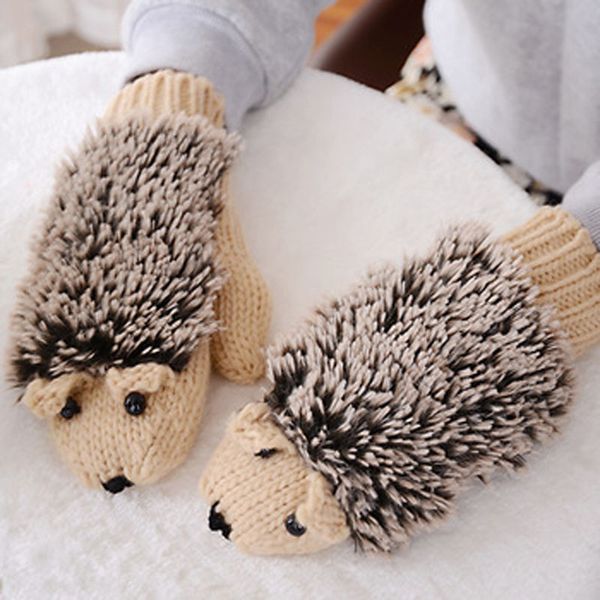 

fingerless gloves 5 colors girls novelty cartoon winter for women knit warm fitness hedgehog heated villus wrist mittens, Blue;gray