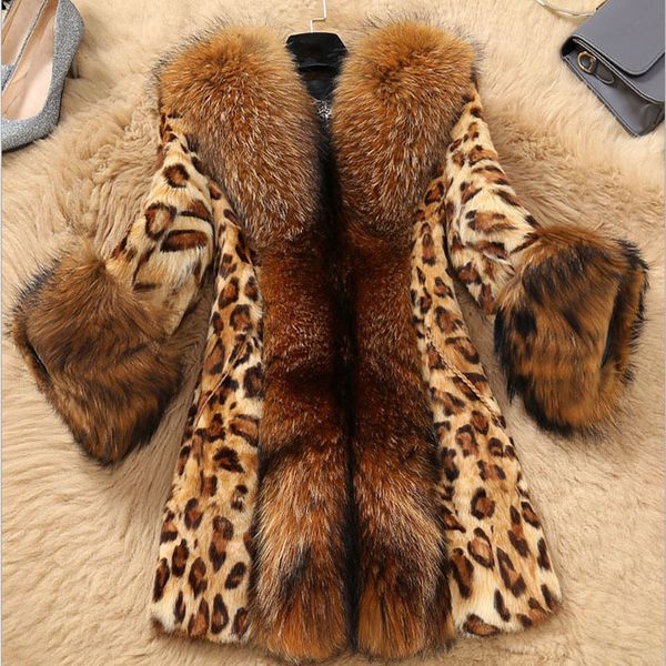 

women's fur & faux 2021 winter coat women leopard plus size 5xl female long sleeve jacket luxury overcoat l508, Black