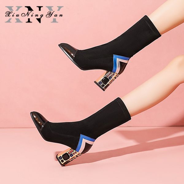 

xiuningyan fashion women ankle boots genuine leather pointed toe ladies stretch boots wedding party shoes woman female footwear, Black
