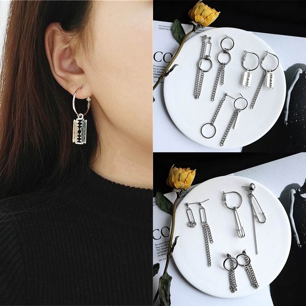 

dangle & chandelier simple punk blade pin shaped chain tassel drop earrings for women personality asymmetric round female pendant, Silver