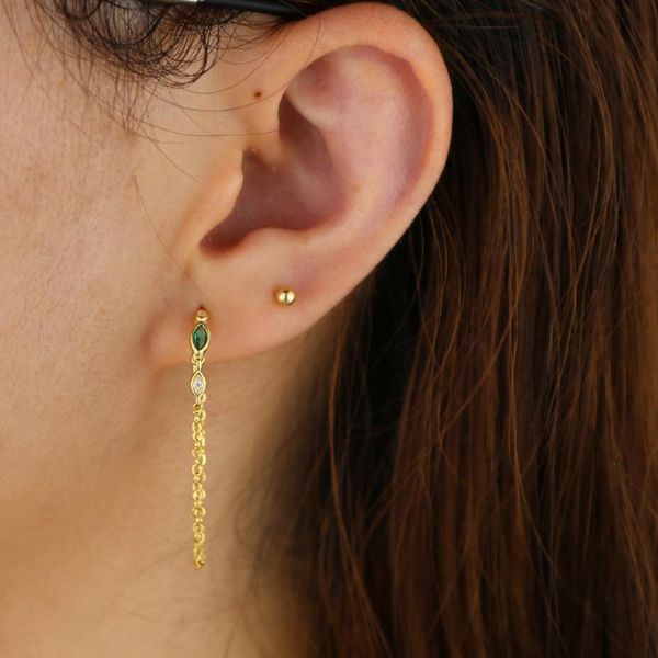 

dangle & chandelier 925 sterling silver green white eye shape cz earring with long chain tassel charm wedding jewelry