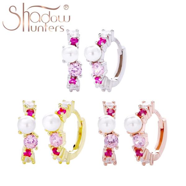 

shadowhunters real 925 silver under the sea huggie hoop earrings pink zircon pearl earrings 2020 chic women jewelry s925 schmuck, Golden;silver