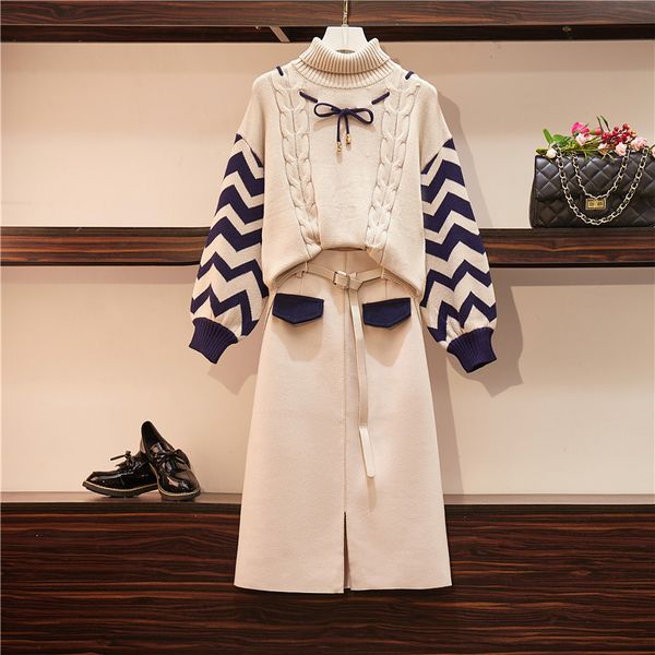 

jsxdhk autumn winter large size 2 piece set women turtleneck striped thick warm knitted loose sweater + woolen belt skirts suit, Gray