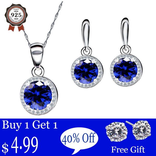 

classic blue stone silver color jewelry set for women earrings necklace pendant ring birthday gift