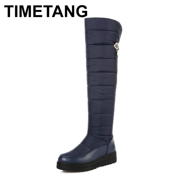 

boots timetang women winter down velvet knee high low wedge platform sheos woman waterproof snow plus size 35-44, Black