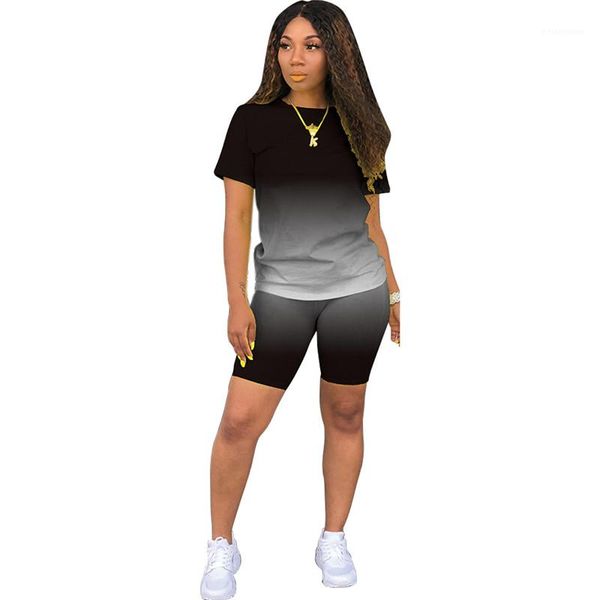 

outfit set casual gradient color short sleeve above knee pants womens tracksuits summer two piece, Gray