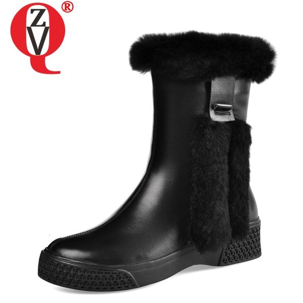 

zvq winter new concise casual mid calf boots outside warm comfortable round toe zip genuine leather women shoes drop shipping, Black