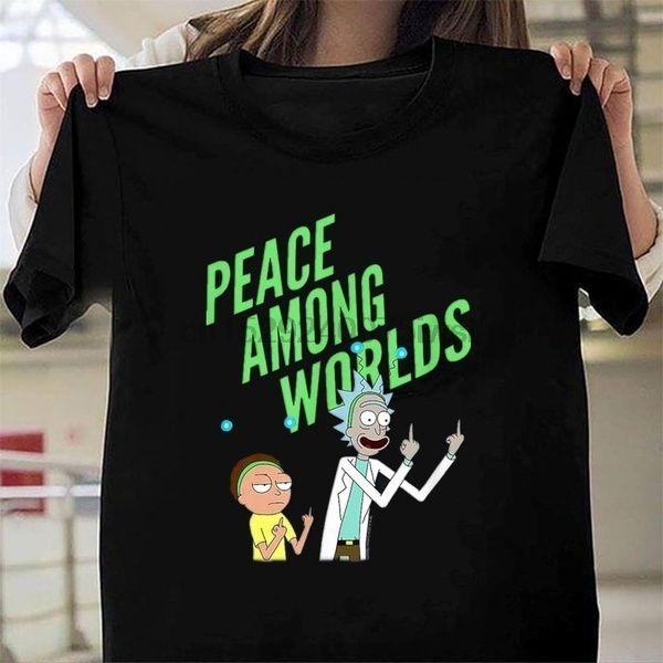 

rick ond morty peoce omong worlds short sleeve cosuol t-shirt