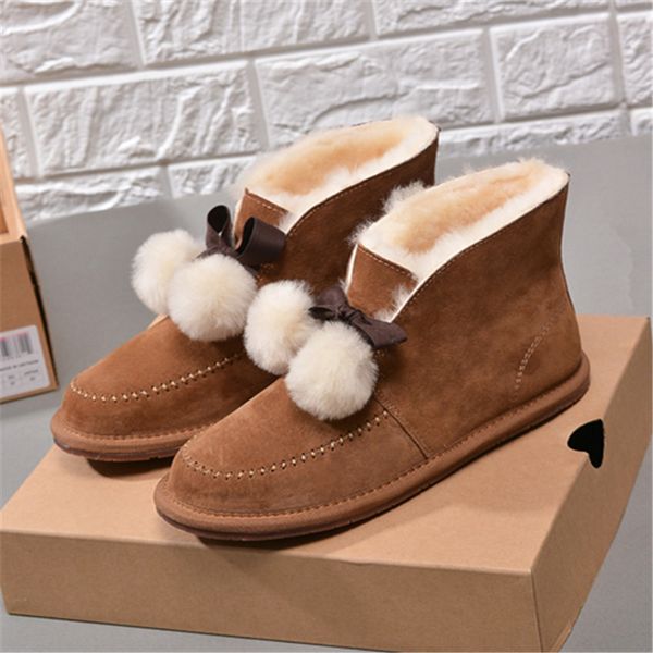 

retro classic style extra thick keep warm women shoes flat heel sheepskin ankle boots pommel decoration solid color snow boots, Black