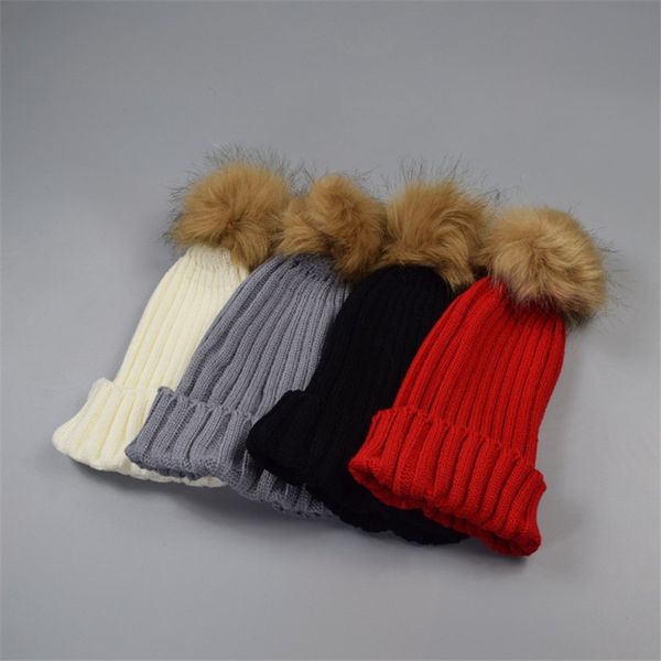 

2020 womens winter hand knit faux fur pompoms beanie hat winter hat caps fur pompom beanie hats, Blue;gray