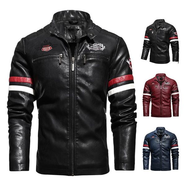 

men 2020 autumn winter new brand motor biker fleece leather jackets coat men vintage style embroidery pu faux leather jacket, Black