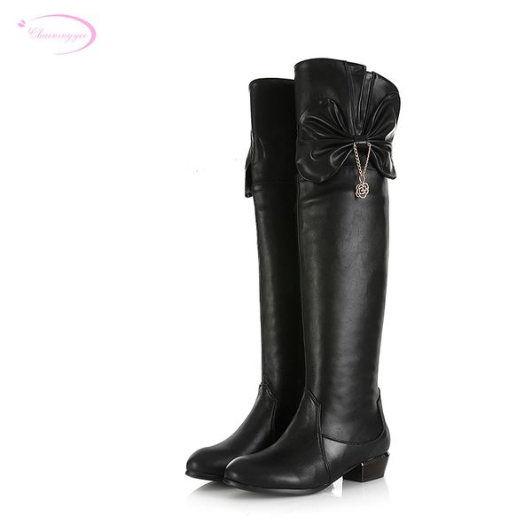 

chainingyee handmade quality custom cowhide knee high boots bowknot decorate metal rivet belt buckle women's riding boots, Black