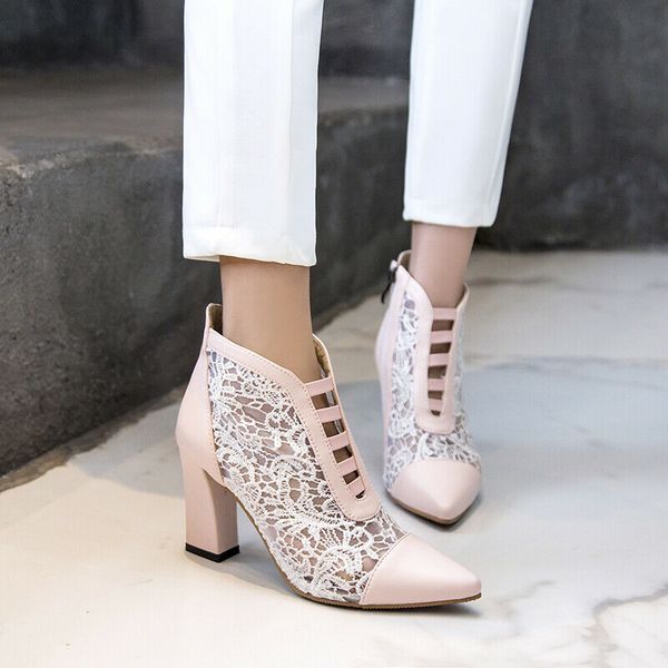 

hollow summer sandals women's ankle boots high heels lace pointed toe fashion, Black