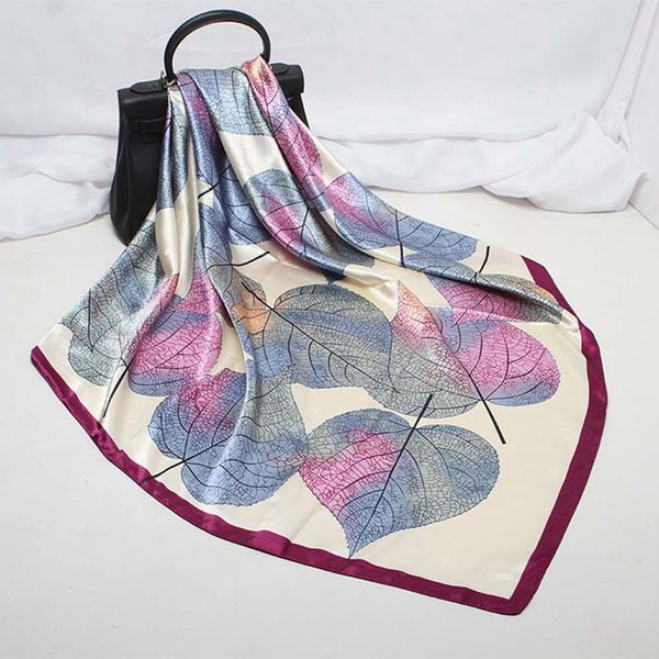 

leaf print silk square scarf turban simulation silk scarf ladies fashion leaf print satin turban, Blue;gray