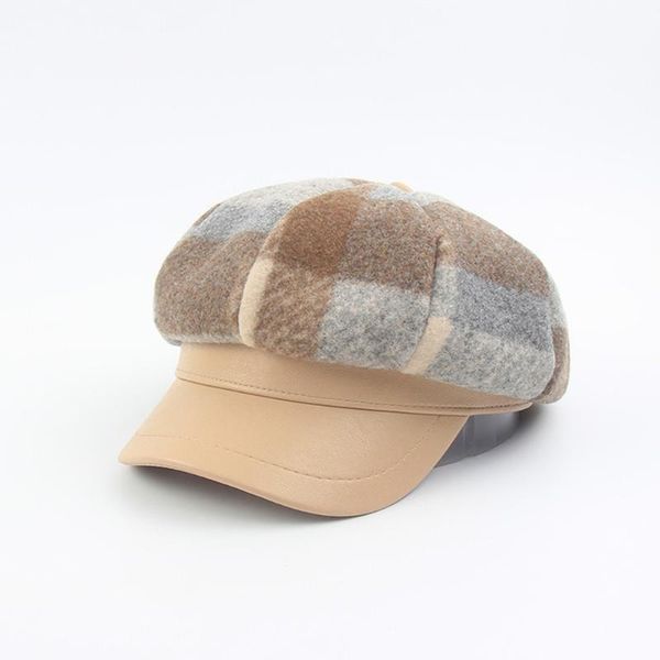 

fashion lattice octagonal hat female autumn and winter caps stitching beret casual wild hat, Blue;gray