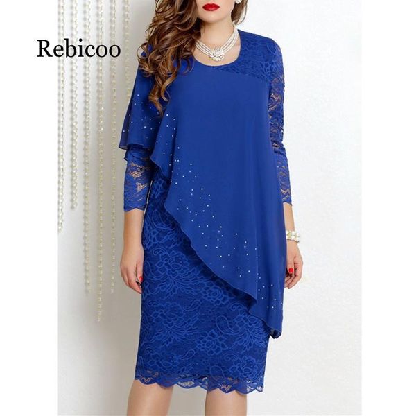 

large size dress solid color lace dress elegant 3/4 sleeve slim plus size casual chiffon party, Black;gray