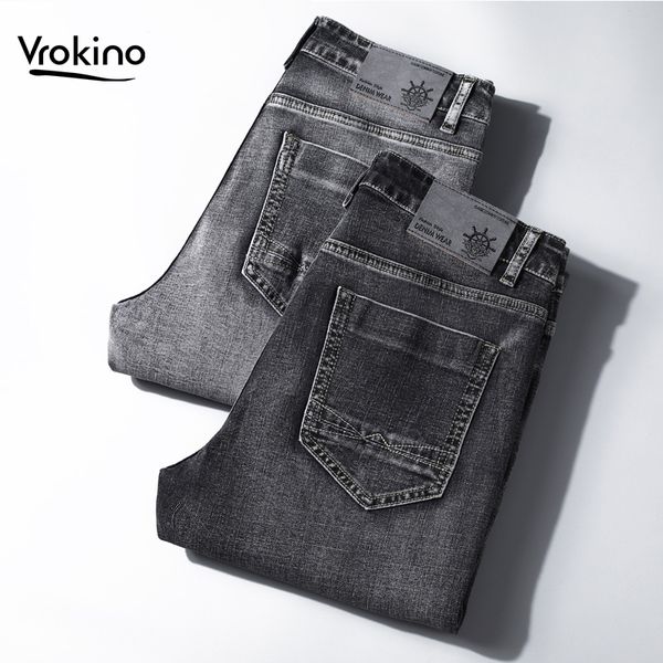 

vrokino stretch slim jeans for men 2020 autumn and winter new men's black straight-leg jeans pants large size 28-40, Blue