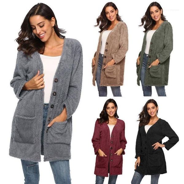

spring autumn fashion famale designer coat womens plush warm cardigan sweater solid color v neck single breasted, White;black