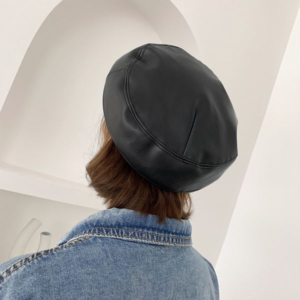 

berets autumn winter women beret hat pu leather girls retro accessories lady beanie cap elegant vintage french painter, Blue;gray
