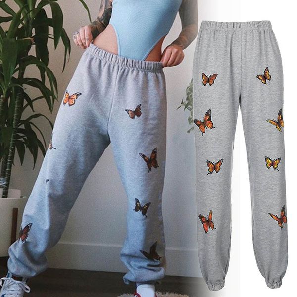 

butterfly print casual sports pants dance pants comfortable sports gray elastic, Black