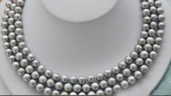 

3row 8-9mm gray natural pearl necklace 17-19" yellow clasp, Silver