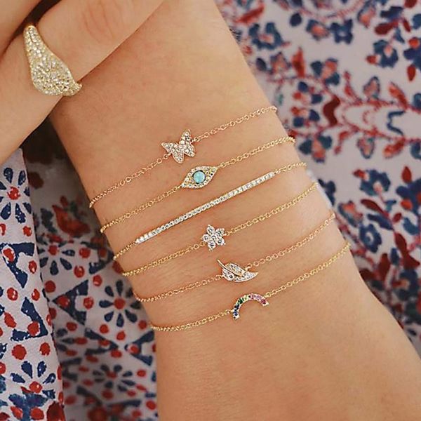 

EN 6Pcs/set Bohemian Crystal Butterfly Leaf Eye Flower Bracelets Set For Women DIY Multilayer Chain Bangle Party Jewelry, Black