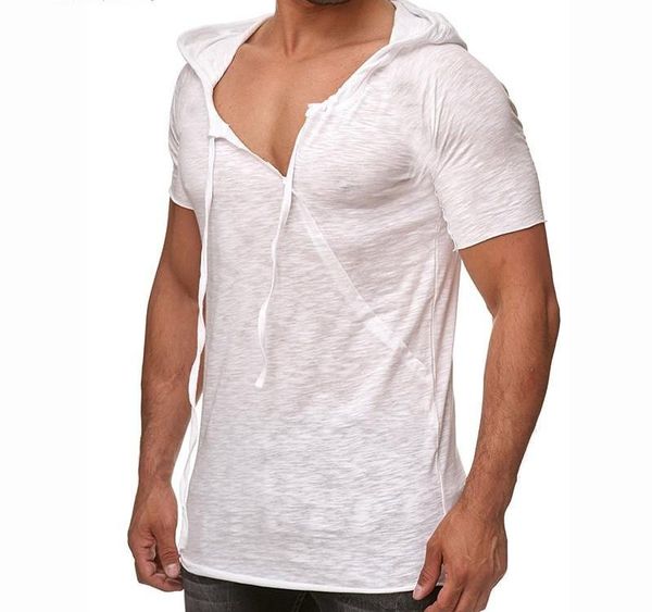 

wholesale fashion men t shirt hooded short sleeve casual asymmetric neck tee shirt men thin t-shirt hombre summer6, White;black