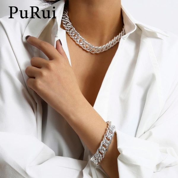 

punk hip hop curb miami cuban thick necklace bracelet set simple silver color chunky chain choker necklace women jewelry