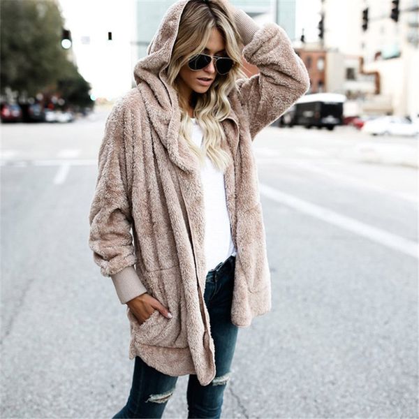 

large size s-5xl faux fur teddy bear coat jacket women fashion open stitch winter hooded coat female long sleeve fuzzy jacket, Black;brown