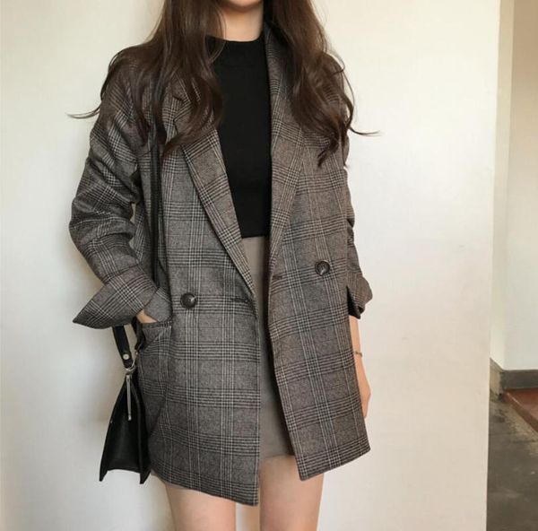 

women's check long sleeve cotton jacket causual vintage coat plaid blazer, Black
