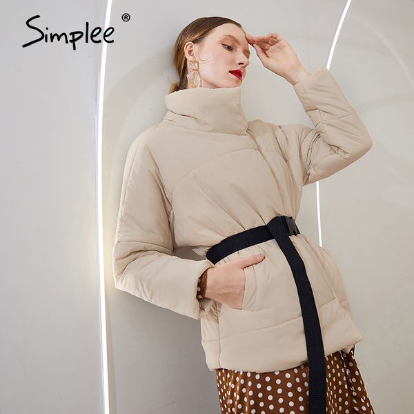 

simplee elegant warm short winter coat women fashion design with pocket parka coat stand collar casual sash belt overcoat 2020, Black