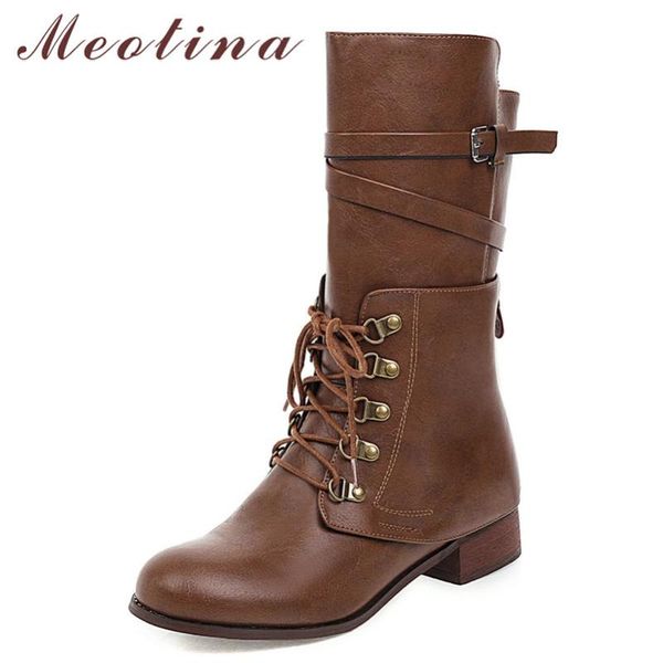 

boots meotina winter motorcycle women buckle thick heel mid calf fashion zipper round toe shoes female autumn big size 43, Black