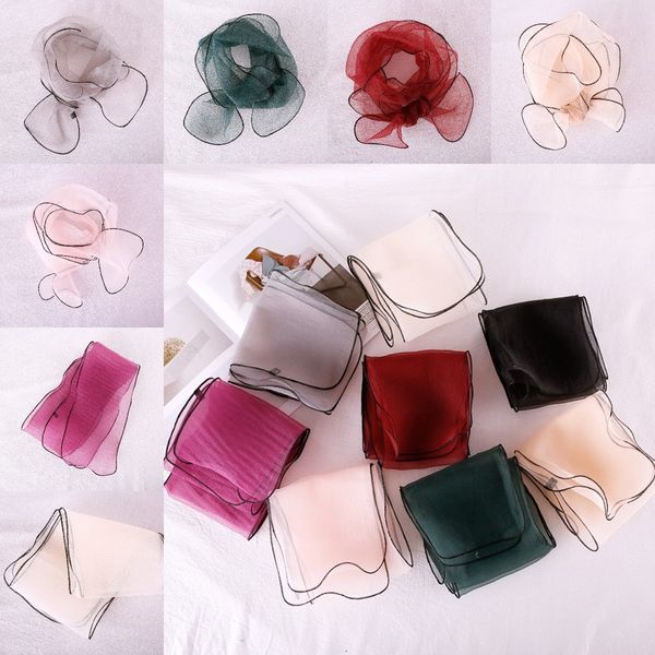 

translucent light gauze scarf female spring trendy chiffon solid color small scarves black edging small long flight attendant headband, Blue;gray