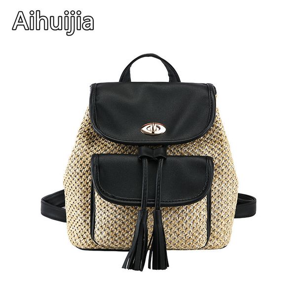 

large capacity women school bag for teenage girls light ladies travel backpack fashion tassel straw backpack women shoulder bags