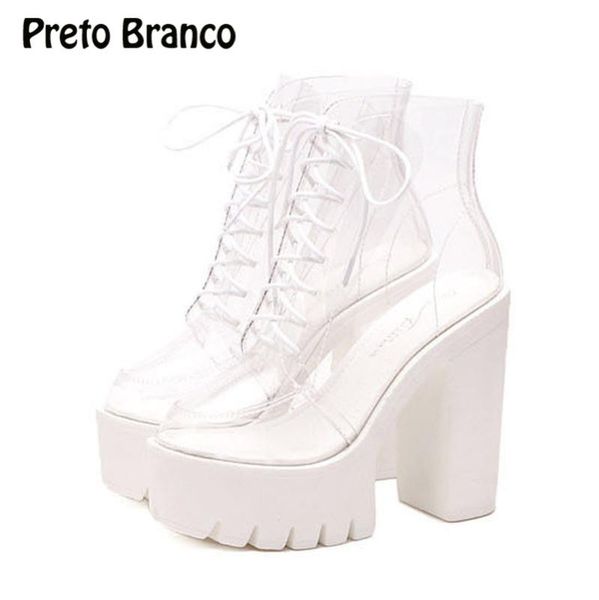 

preto branco women's square heels boots high transparent female thick platform waterproof nightclub catwalk boots thigh high, Black