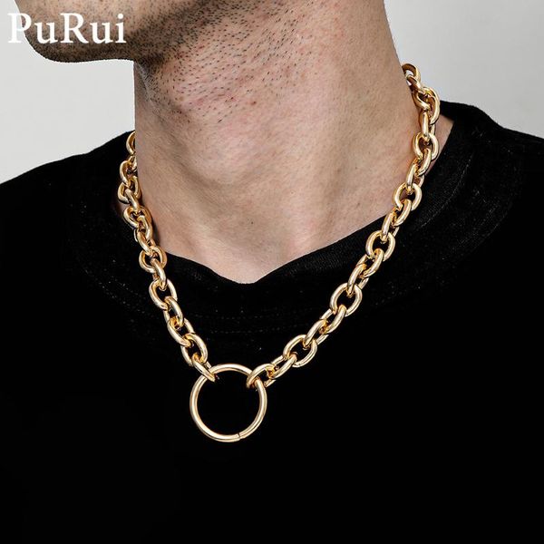 

purui simple men chain necklace punk gold color thicken cuban chain big circel pedant choker necklace for women fashion collar, Silver