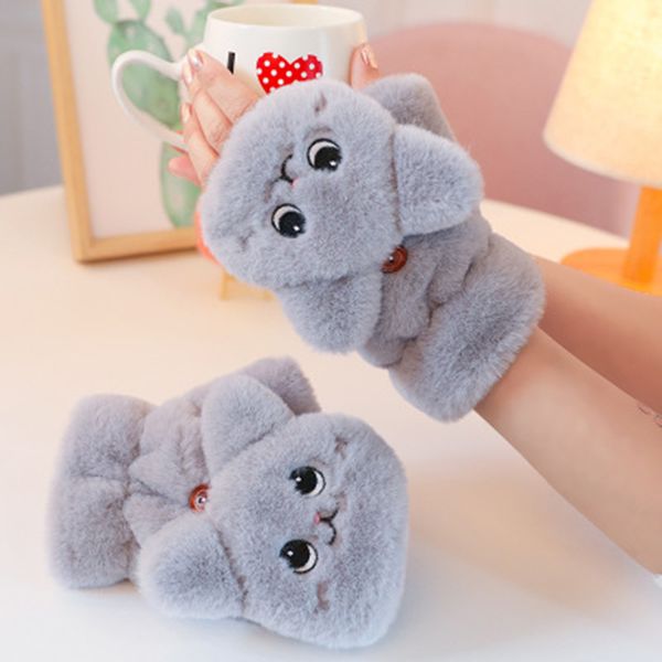 

five fingers gloves winter warm soft fur knit mittens women flip half finger driving plush thick cute cat touch screen e65, Blue;gray
