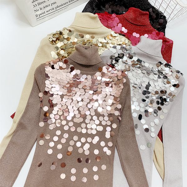 

2020 sequinned knitted sweaters women's winter clothes stretch slim pullovers sweater female turtleneck jumper pull femme b607, White;black