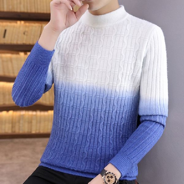 

2020 men's autumn linen flower color knitted sweater youth round neck slim long sleeve gradient color warm sweater, White;black