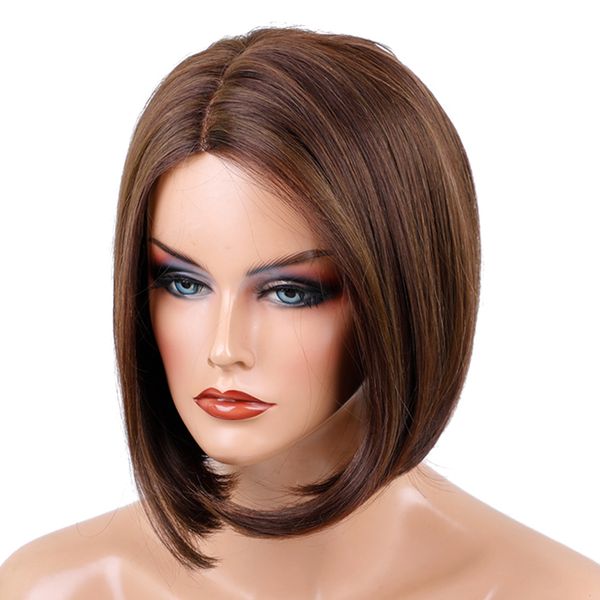 

14in women bob straight wig human hair full wig heat resistant light brown, Black