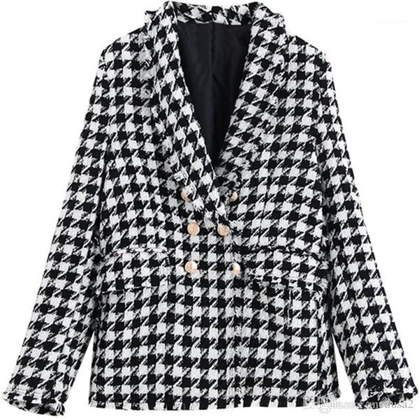 

double breasted casual slim long sleeved lapel neck fashion womens jackets houndstooth womens designer jackets suit jackets, Black;brown