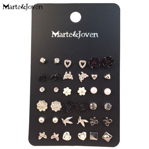 

stud marte&joven 18 pairs/lot ear studs mixed bird cross flower love heart stars silver color earrings sets for women wholesale, Golden;silver
