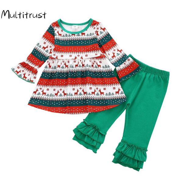 

2pcs children christmas outfits elk stripes print o-neck sleeve + elastic waist bell-bottoms suit home wear pajamas suit, White