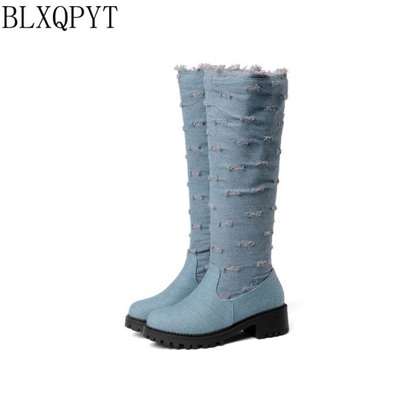 

blxqpyt super big size 34-52 stretch fabric denim knee high boots round toe women autumn winter med heels shoes woman y76, Black
