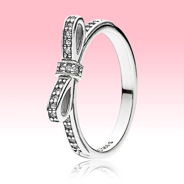 

classic bow ring full crystal beautiful party jewelry for pandora 925 sterling silver rings set with original box for women girls, Slivery;golden