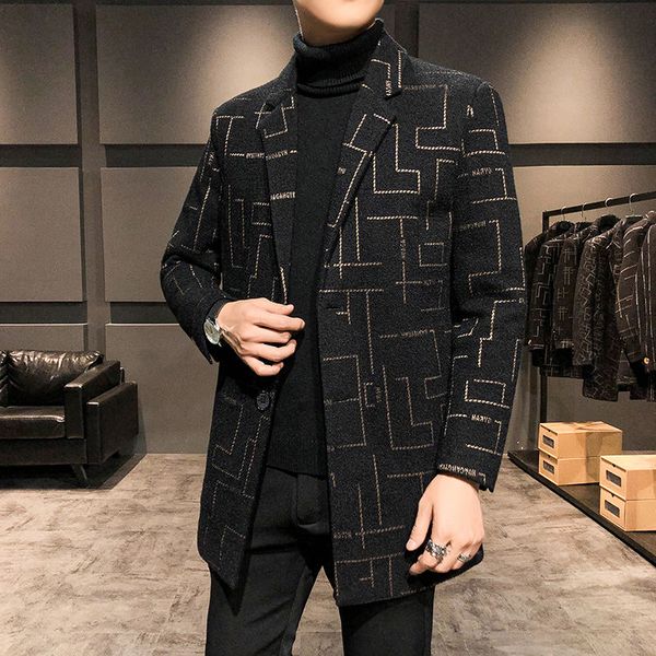 

autumn irregular stripes long wool jacket trench coat male vintage streetwear overcoat outerwear manteau homme long, Black